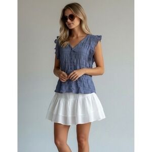 DESIGN HISTORY‎ Blue Textured Ruffle Sleeve Large V Neck Button Up Blouse Top